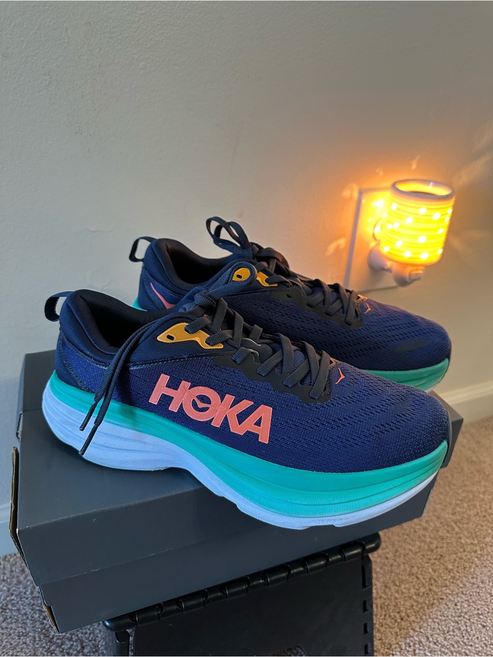 HOKA Bondi 8, Women’s Navy Sneakers with Teal Midsole and Coral Logo. Size 9